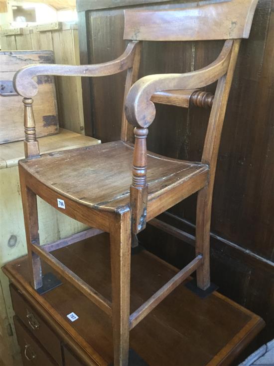 Regency wood seat elbow chair and a small pine chest